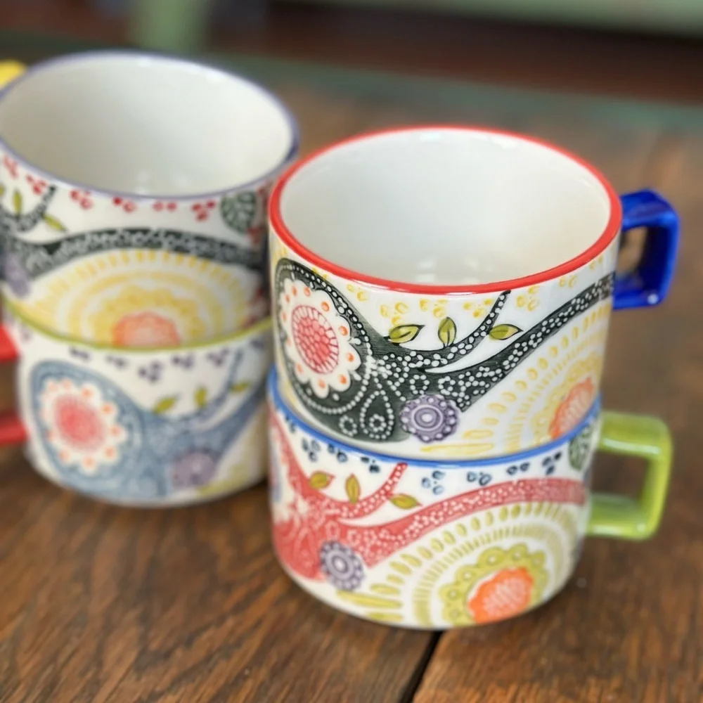 Pier 1 Hand Painted Paisley Stacking Porcelain Mugs With Square Handles